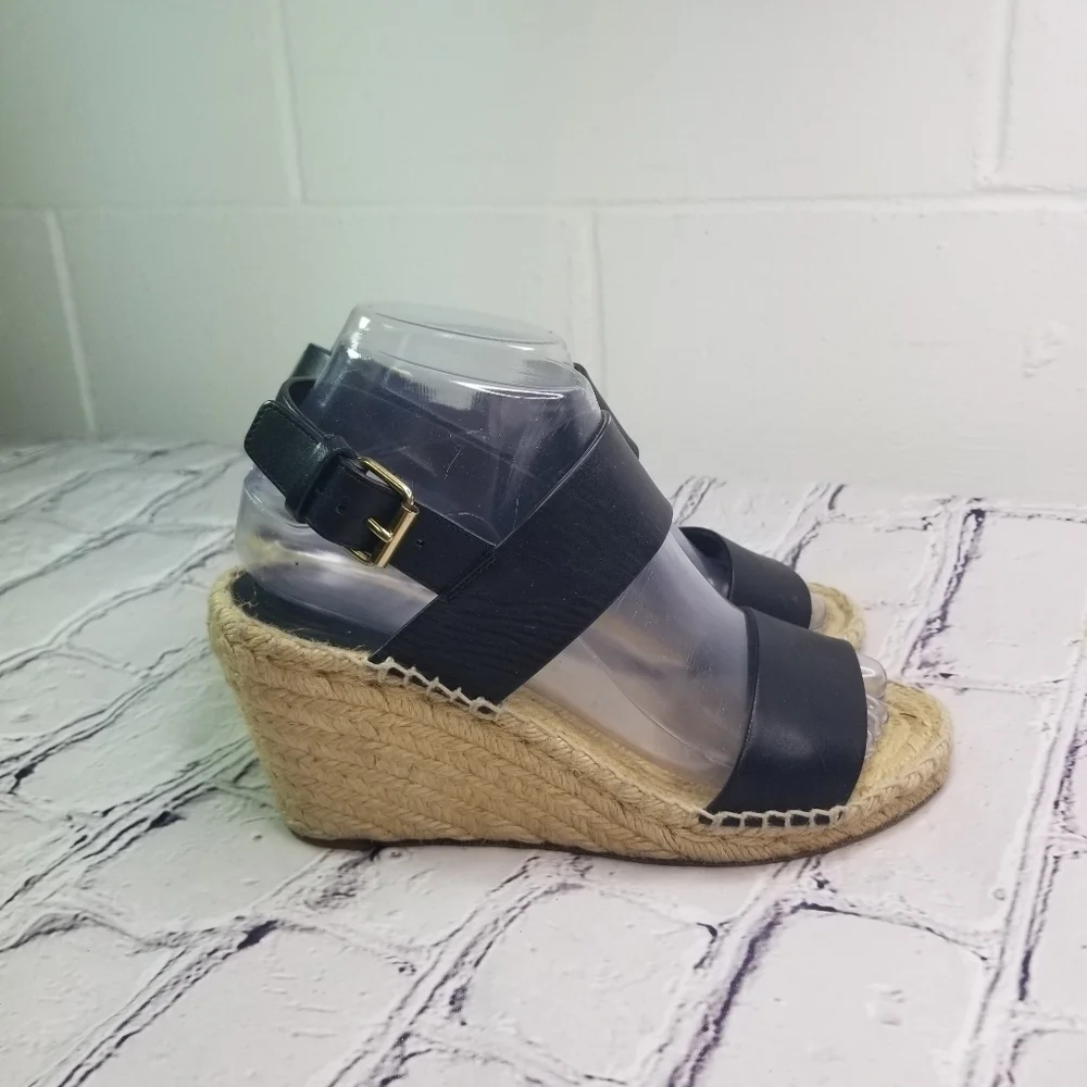 Celine black leather double strap wedge espadrille sandals